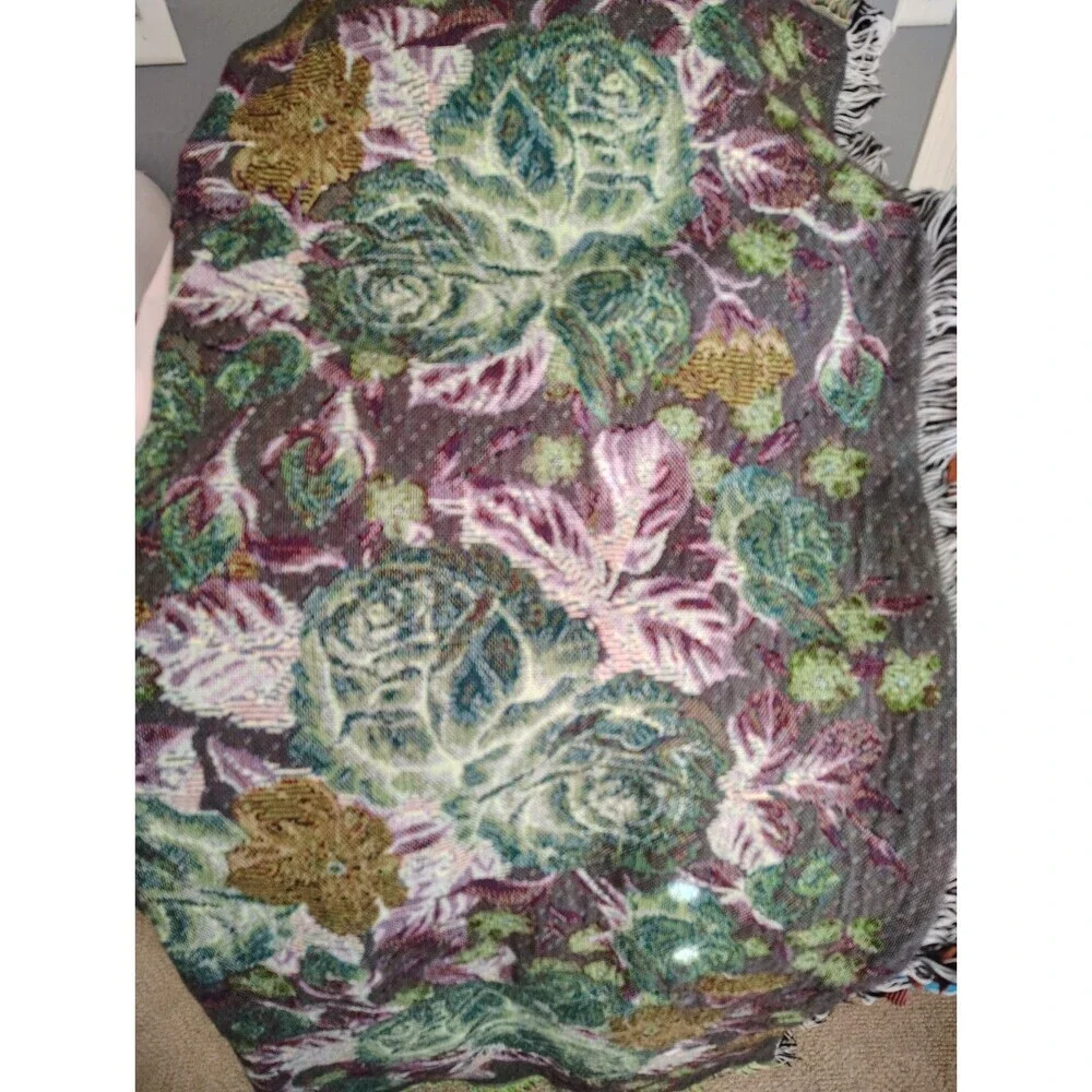 Vintage Large Floral Design Fringed Woven Citton Tapestry Throw Blanket 49x54